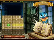 Screenshot of the free online game Adllib, showing letter tiles and an animated owl, representing the player's cursed brother.