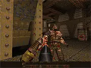 First-person perspective view in the dark, gothic-themed Quake Flash FPS game with a character shooting a monstrous enemy