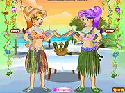 Two cartoon Hawaiian sisters wearing colorful leis and hula skirts in the dress-up game