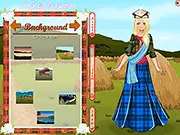 Screenshot of the Scottish Lass Dress Up game showing a female character model wearing a traditional tartan kilt and blouse, ready for styling.