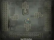 Gameplay screenshot of Sequester online showing a small boy character standing on a platform in a dark, atmospheric setting with a large bed and pouring rain visible in the background.