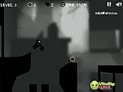 Screenshot of the free online game Spooky Motocross, showing a cloaked figure on a motorcycle performing a stunt jump over dark city rooftops.