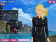Screenshot of Jane, the shopaholic, in the dress-up game Secrets Of Shopaholic Jane, standing in front of a wardrobe full of fashionable clothes