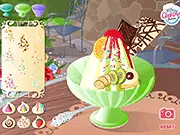 Crazy Cream Desserts game showing a colorful ice cream sundae decorated with chocolate frosting, coffee bean sprinkles, and assorted candied fruits