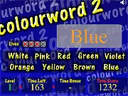 Screenshot of Colourword 2 online game showing a mismatched word and color (e.g., the word 'RED' written in blue ink) demanding quick mental agility.