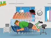 The main screen of the Tackle Your Boss Pro game showing an enraged character charging at a cartoon boss sitting at a desk in an office environment