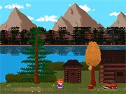 Retro-style screenshot of the free online game Lakeview Cabin showing a man standing by a lake house with a woman and the titular cabin in the background.