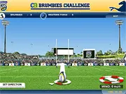 Screenshot of the free online sports game CA Brumbies Challenge on PlayArcadeHub, featuring a rugby pitch and the menu screen with the 'Training Drills' and 'Super 14 Season' tabs.