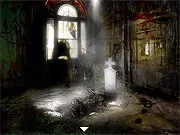 Dark, first-person screenshot from the free online horror game The Insanity II, showing a dimly lit, abandoned building interior with a sense of dread.
