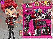 Emo Fashion Dress Up game screenshot - A girl with dark layered clothing, bright dyed hair, and heavy eyeliner, expressing alternative style in a free online game.