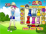 Golfer Girl Dress Up Game screenshot - A cartoon girl model wearing a stylish polo shirt and plaid skirt with a golf club on a green course background, free online fashion game.