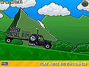 Zombie Express free online game screen showing a red delivery truck driving carefully over a hilly dirt road with several wooden crates of dangerous zombies stacked on the back.