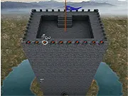 Tower Panic free online action game screenshot showing a defensive tower under attack by multiple ninjas and flying dragons.