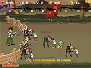 Screenshot of Ben 10 Kills Zombies online game, showing Ben 10 defending a wooden barricade with a gun against approaching waves of zombies.