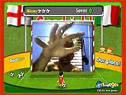 Screenshot of Penalty Kick Goalkeeper webcam game, showing a soccer goal with a player's live video image inside, using hands to block a penalty shot