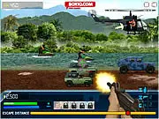 Warzone Getaway 3 free defense shooter game screenshot showing a heavily armed jeep fighting waves of enemies on PlayArcadeHub