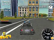 Police Car Drift free online racing game screenshot showing a police cruiser performing a high-speed drift around a corner on a city track