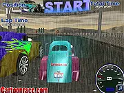 Mini Rain Race game screen showing a small classic car racing on a wet track under the rain.