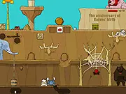 Screenshot of the Galves Adventure puzzle game showing an animated character, Galves, in a scene with several interactive objects like levers, boxes, and buttons that must be clicked in the right order.