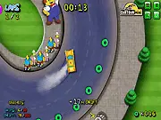 Bart Simpson drifting Homer's pink sedan around a corner in the free online racing game Simpson Drift
