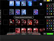 Screenshot of the HD Xyth collectible card game board, showing two baseships, spaceship cards in lanes, and structure cards generating energy.