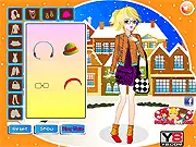 School Winter Outfits free online dress-up game screenshot featuring a character wearing a trendy layered winter outfit with a coat and scarf