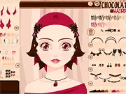 Chocolate Themed Makeover game screen showing a character with deep brown makeup and a stylish hairstyle ready for a chocolate party