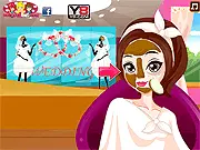 Beauty Bride Makeover free online game screenshot showing a beautiful bride getting her facial spa treatment and makeup done