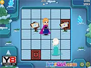 Elsa, Anna, and Olaf characters in a frozen forest maze, play free online puzzle adventure game