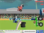 Sports Head Racing free online game screenshot featuring a character with an oversized head jumping a stunt car on a race track