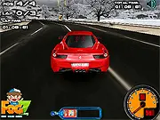 Speed and Snow 3D game screenshot showing a red Ferrari sports car speeding around a corner on a snow-covered race track.