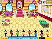 Dress Up Shop Spring Collection game banner showing a cartoon boutique with a girl serving a demanding customer.