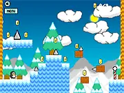 Penguins Pole pixel platformer game screenshot showing a penguin jumping over deadly spikes to reach coins and the final pole