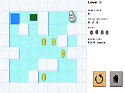 Snowman Slide game screenshot showing a snowman on an icy grid next to coins and a rainbow portal in a Sokoban puzzle game