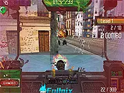 A giant Mechwarrior robot engaging in a fierce battle within a futuristic enemy city in the 3D FPS game