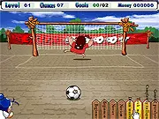 Extra Shoot game screenshot showing a soccer ball being kicked toward a goal defended by a goalkeeper