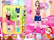 Kitty Lover dress up game screenshot showing a girl selecting clothes with cat patterns and feline-themed accessories from her wardrobe