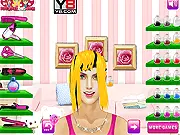 Screenshot of Glam Hair Salon free online game showing a model getting her hair styled with a curling iron