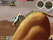 A giant Monster Trucks Nitro truck flying through the air after a huge jump on a physics-based obstacle course online