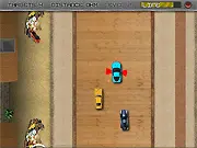 Screenshot of Indoor Car Crash Race game showing two miniature cars colliding near a living room chair