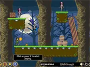 Screenshot of the Knight and Witch game showing the two characters standing next to wooden structures with small green ghouls visible.