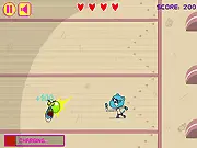 Battle Bowlers game screenshot featuring Gumball, Darwin, and Anais fighting villains with bowling balls, play free online action game