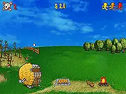 Pillage the Village free online game screenshot showing a hand flinging a ragdoll villager over a medieval village