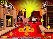 Monkey GO Happy Western game screenshot, a sad cartoon monkey wearing a cowboy hat in a desert town setting with puzzle objects