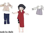 The cute anime character Himawari, with dark-blue hime-cut hair, wearing a stylish, customized outfit in the Himawari Dress Up game