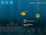 Sunken Submarine Treasure Hunt free online game screenshot showing a submarine navigating deep underwater near a sunken ship, searching for pirate treasure.