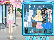 Girl in the Rain game screen showing a cute girl in a yellow raincoat holding a pink umbrella on a rainy street, ready to be dressed up.