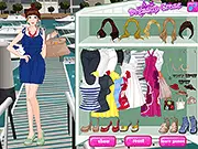 Screenshot of the Day at the Yacht Club dress up game showing a girl in a highly fashionable nautical outfit, complete with a striped shirt, white pants, and a wide-brimmed hat.