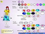 Diseña a tu Moda Dressup game screen showing a model wearing a unique, custom-designed patterned dress