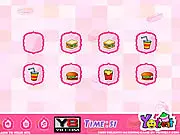 Twin Delights Matching free online game screenshot showing a grid of flipped cards with images of delicious food like burgers, chips, and cakes on PlayArcadeHub.